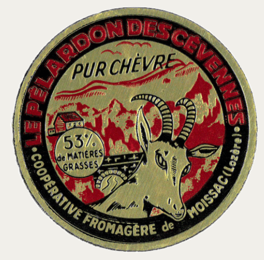Ancienne étiquette du Pélardon, fromage de chèvre au lait cru de la Fromagerie des Cévennes